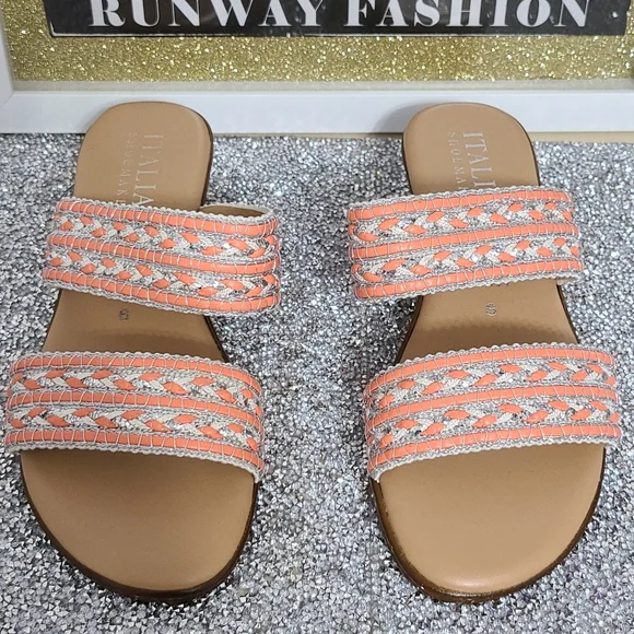 NWT Italian Shoemaker Strap Sandal with small Heel SZ 6 Salmon and Silver - Picture 1 of 11
